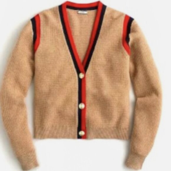 J Crew Cashmere Waffle Knit Cardigan Sweater Camel Tan Striped XS - Picture 2 of 14